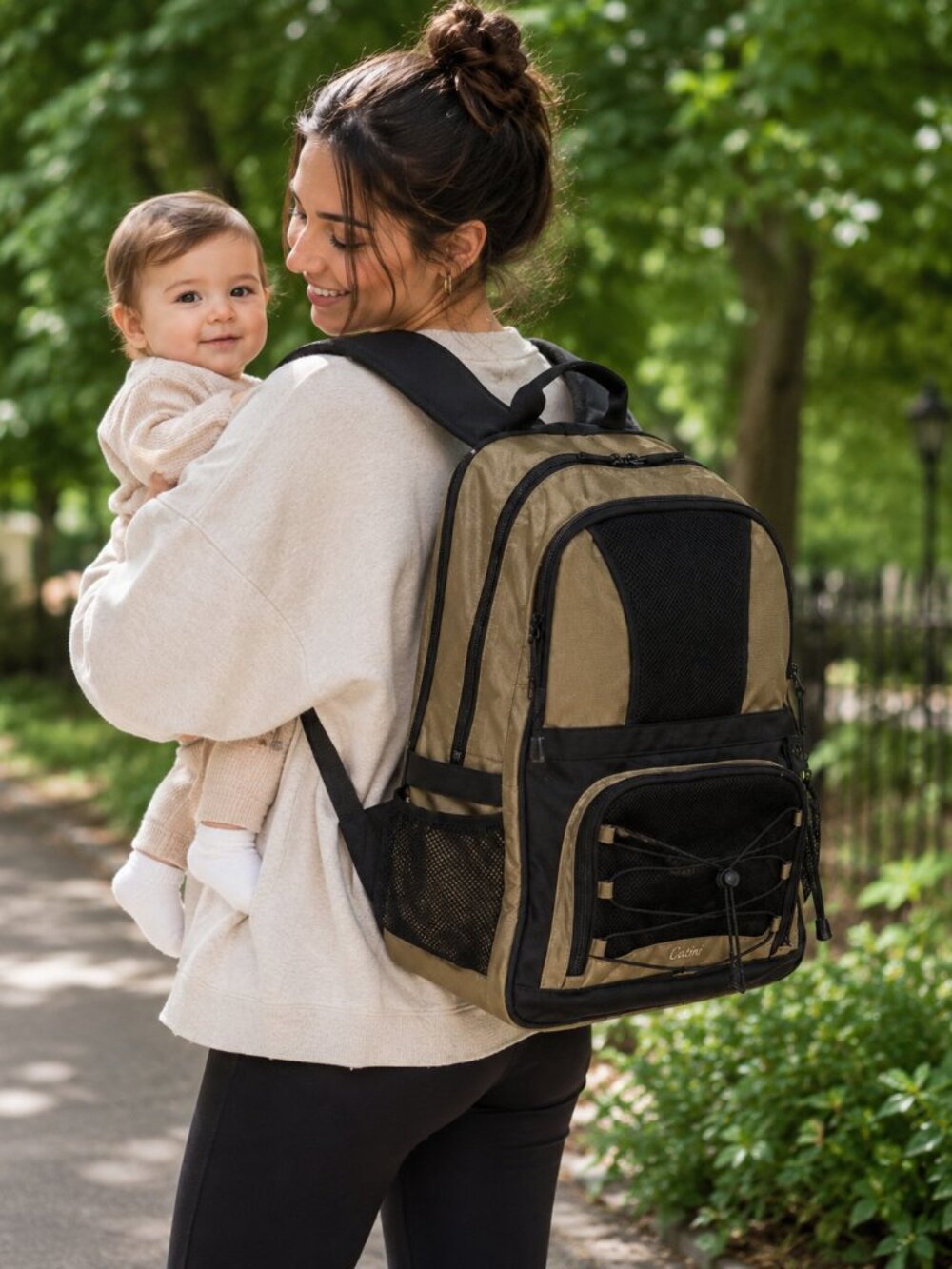Catini Diaper Bag Backpack Tan Black Multi Pocket Travel